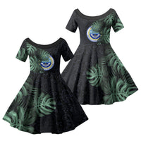 Federated States Of Micronesia Family Matching Off The Shoulder Long Sleeve Dress and Hawaiian Shirt FSM Tropical Monstera Leaf Dark Tribal Pattern TS04 Daughter's Dress Black Green - Polynesian Pride