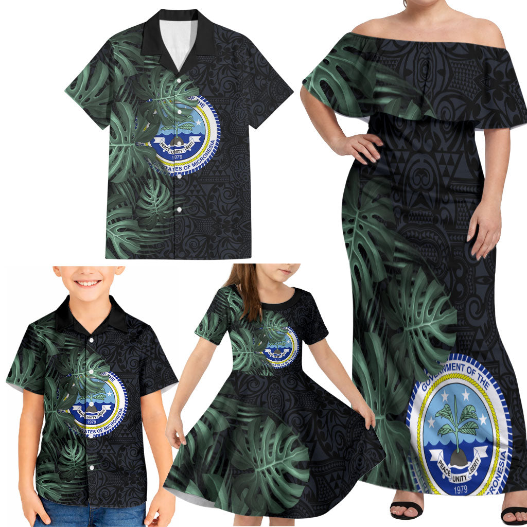 Federated States Of Micronesia Family Matching Off Shoulder Maxi Dress and Hawaiian Shirt FSM Tropical Monstera Leaf Dark Tribal Pattern TS04 - Polynesian Pride