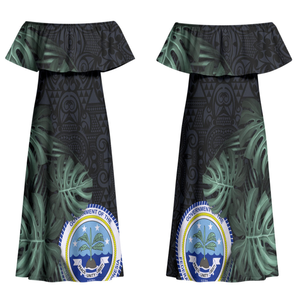 Federated States Of Micronesia Family Matching Off Shoulder Maxi Dress and Hawaiian Shirt FSM Tropical Monstera Leaf Dark Tribal Pattern TS04 Mom's Dress Black Green - Polynesian Pride