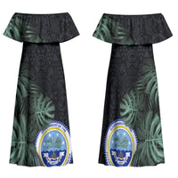 Federated States Of Micronesia Family Matching Off Shoulder Maxi Dress and Hawaiian Shirt FSM Tropical Monstera Leaf Dark Tribal Pattern TS04 Mom's Dress Black Green - Polynesian Pride