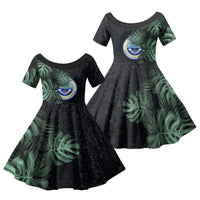 Federated States Of Micronesia Family Matching Off Shoulder Maxi Dress and Hawaiian Shirt FSM Tropical Monstera Leaf Dark Tribal Pattern TS04 Daughter's Dress Black Green - Polynesian Pride