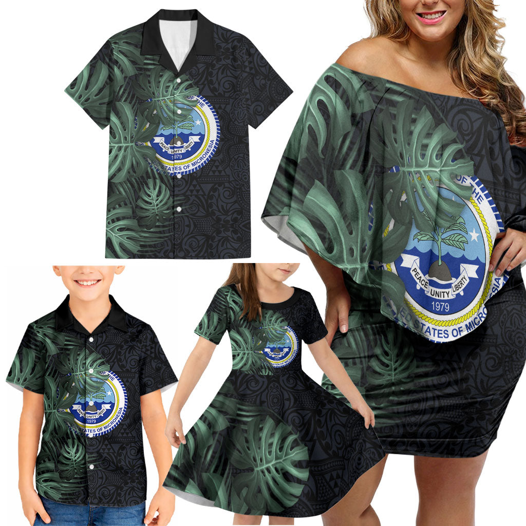 Federated States Of Micronesia Family Matching Off Shoulder Short Dress and Hawaiian Shirt FSM Tropical Monstera Leaf Dark Tribal Pattern TS04 - Polynesian Pride