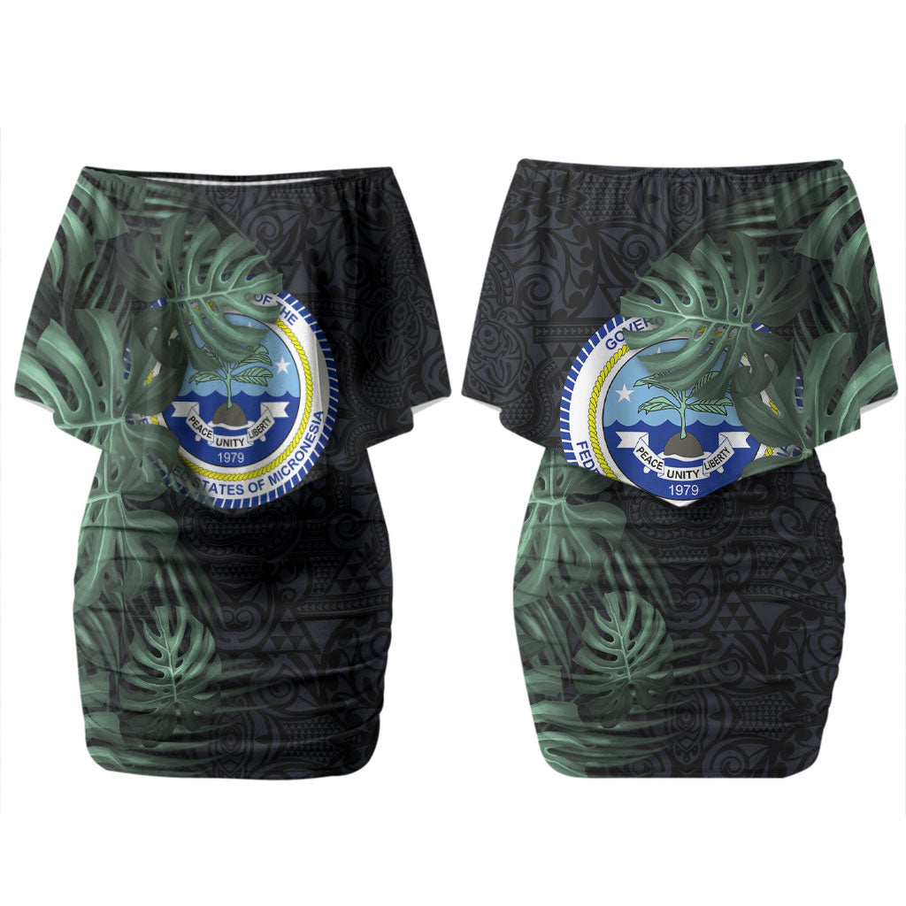 Federated States Of Micronesia Family Matching Off Shoulder Short Dress and Hawaiian Shirt FSM Tropical Monstera Leaf Dark Tribal Pattern TS04 Mom's Dress Black Green - Polynesian Pride