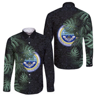Federated States Of Micronesia Family Matching Off Shoulder Short Dress and Hawaiian Shirt FSM Tropical Monstera Leaf Dark Tribal Pattern TS04 Dad's Shirt - Long Sleeve Black Green - Polynesian Pride