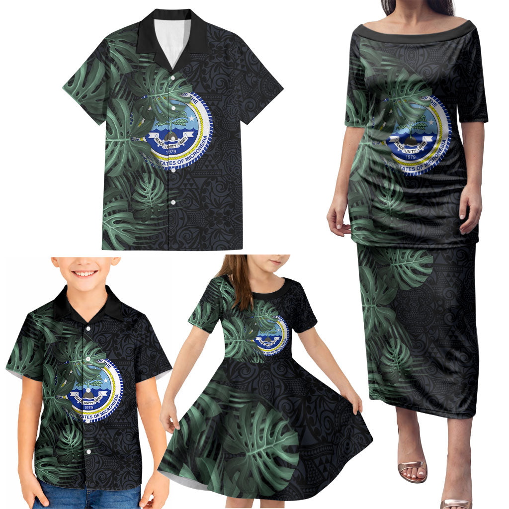 Federated States Of Micronesia Family Matching Puletasi and Hawaiian Shirt FSM Tropical Monstera Leaf Dark Tribal Pattern TS04 - Polynesian Pride