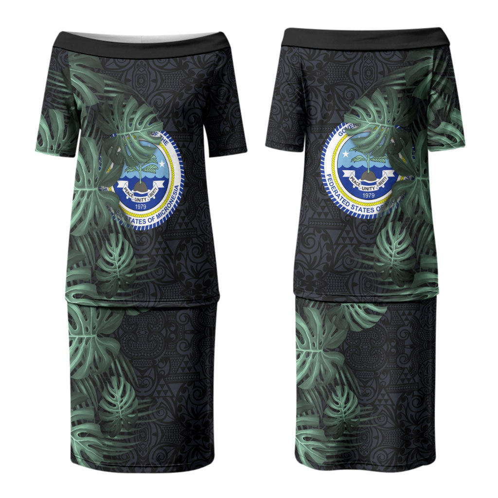 Federated States Of Micronesia Family Matching Puletasi and Hawaiian Shirt FSM Tropical Monstera Leaf Dark Tribal Pattern TS04 Mom's Dress Black Green - Polynesian Pride