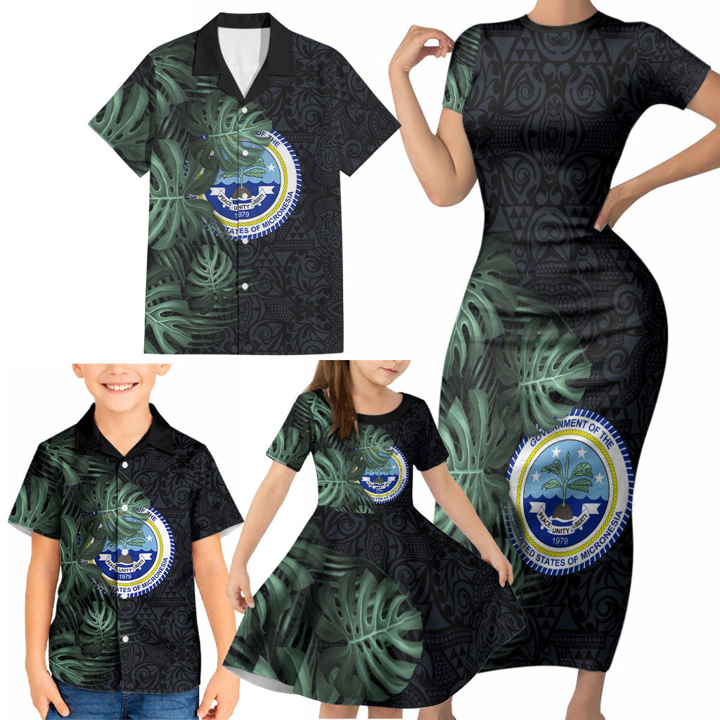 Federated States Of Micronesia Family Matching Short Sleeve Bodycon Dress and Hawaiian Shirt FSM Tropical Monstera Leaf Dark Tribal Pattern TS04 - Polynesian Pride
