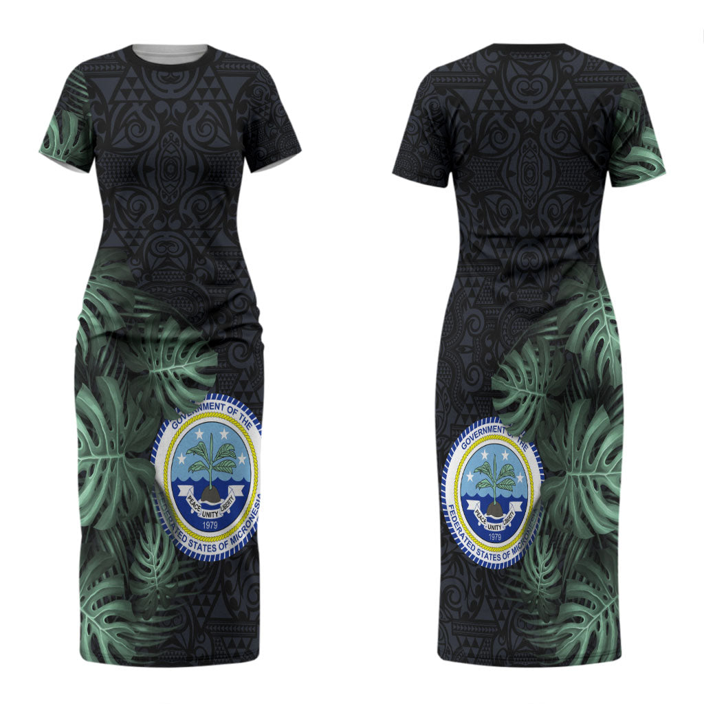 Federated States Of Micronesia Family Matching Short Sleeve Bodycon Dress and Hawaiian Shirt FSM Tropical Monstera Leaf Dark Tribal Pattern TS04 Mom's Dress Black Green - Polynesian Pride
