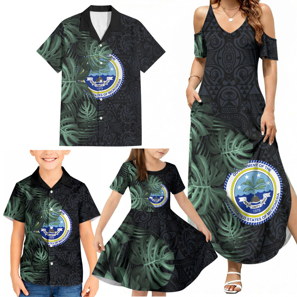 Federated States Of Micronesia Family Matching Summer Maxi Dress and Hawaiian Shirt FSM Tropical Monstera Leaf Dark Tribal Pattern TS04 - Polynesian Pride