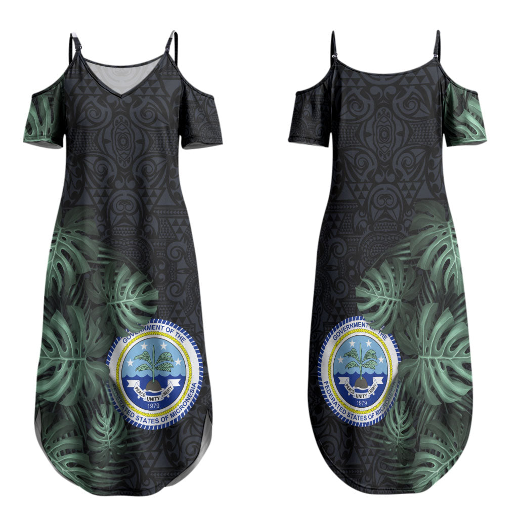 Federated States Of Micronesia Family Matching Summer Maxi Dress and Hawaiian Shirt FSM Tropical Monstera Leaf Dark Tribal Pattern TS04 Mom's Dress Black Green - Polynesian Pride