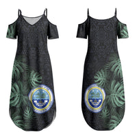Federated States Of Micronesia Family Matching Summer Maxi Dress and Hawaiian Shirt FSM Tropical Monstera Leaf Dark Tribal Pattern TS04 Mom's Dress Black Green - Polynesian Pride