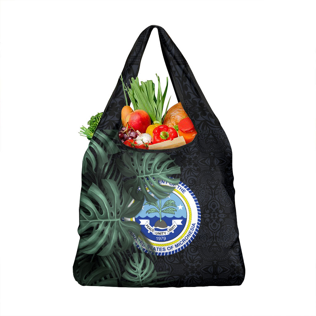 Federated States Of Micronesia Grocery Bag FSM Tropical Monstera Leaf Dark Tribal Pattern TS04 1-pack One Size Black Green - Polynesian Pride