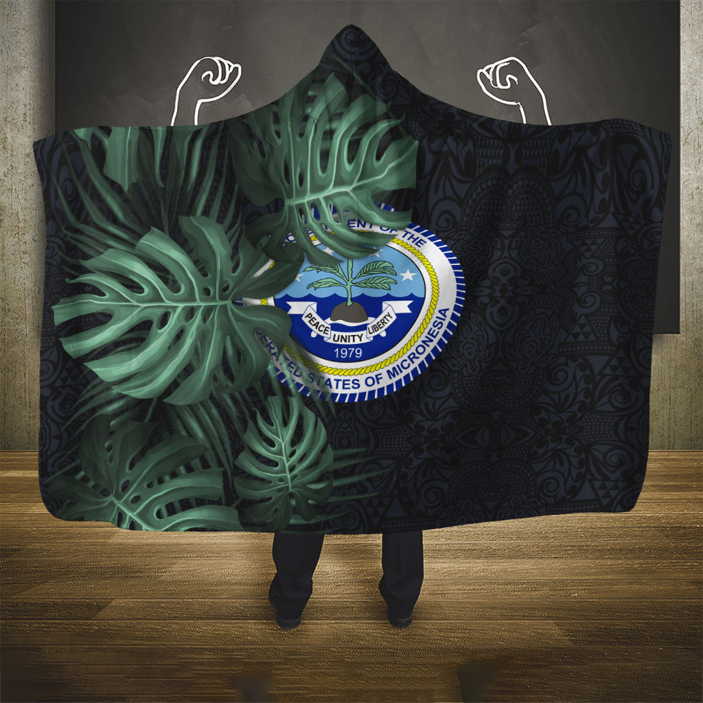 Federated States Of Micronesia Hooded Blanket FSM Tropical Monstera Leaf Dark Tribal Pattern TS04 - Polynesian Pride