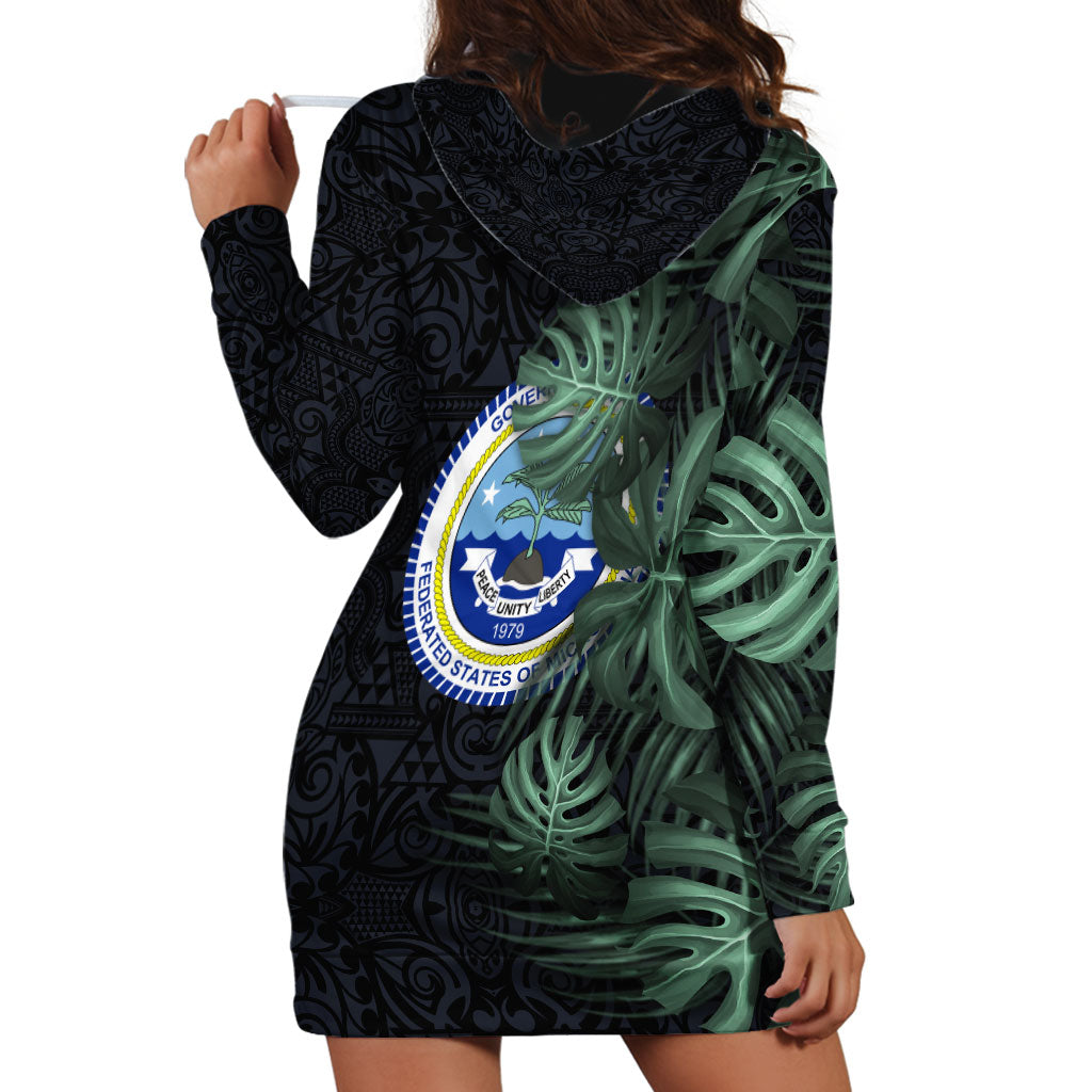 Federated States Of Micronesia Hoodie Dress FSM Tropical Monstera Leaf Dark Tribal Pattern TS04 - Polynesian Pride
