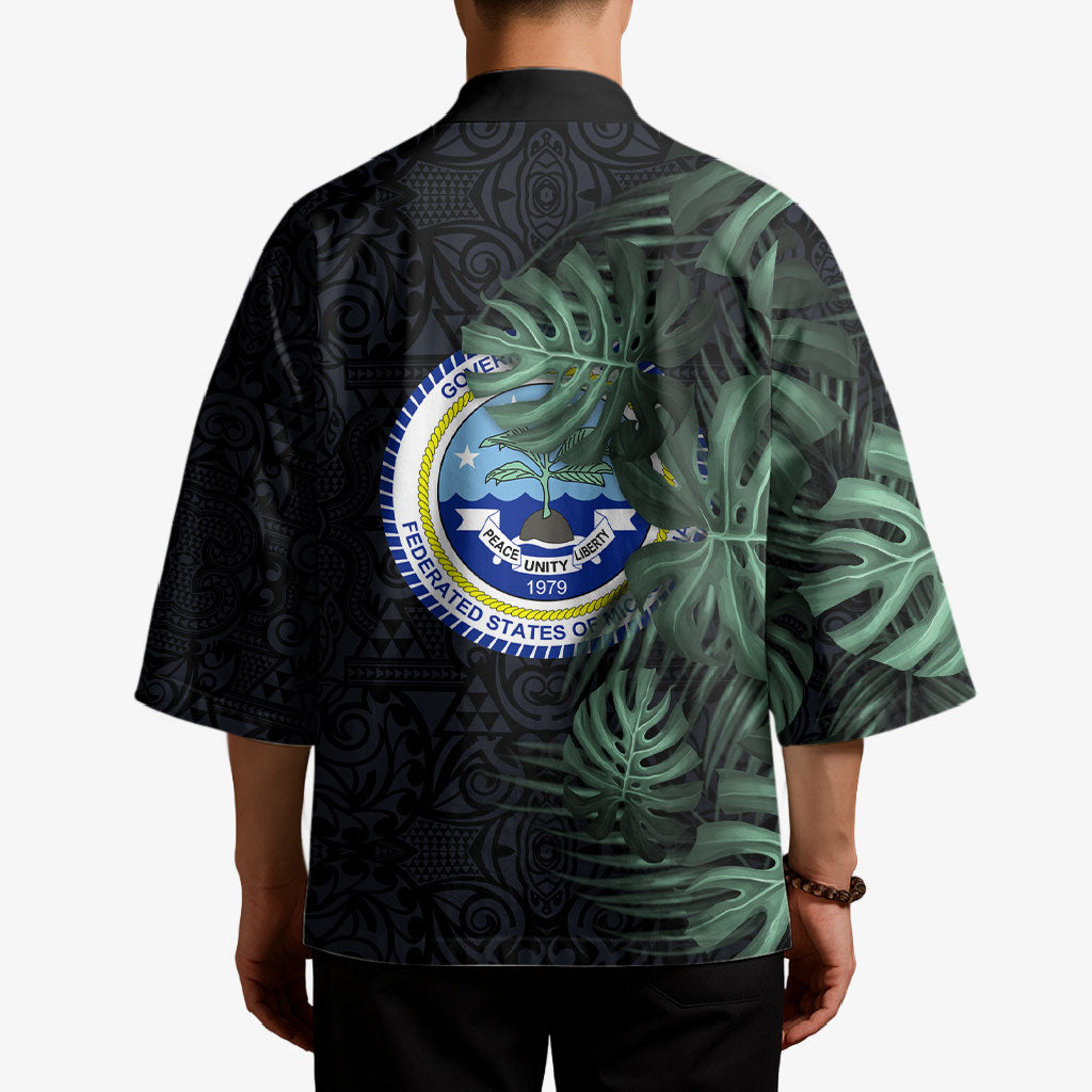 Federated States Of Micronesia Kimono FSM Tropical Monstera Leaf Dark Tribal Pattern