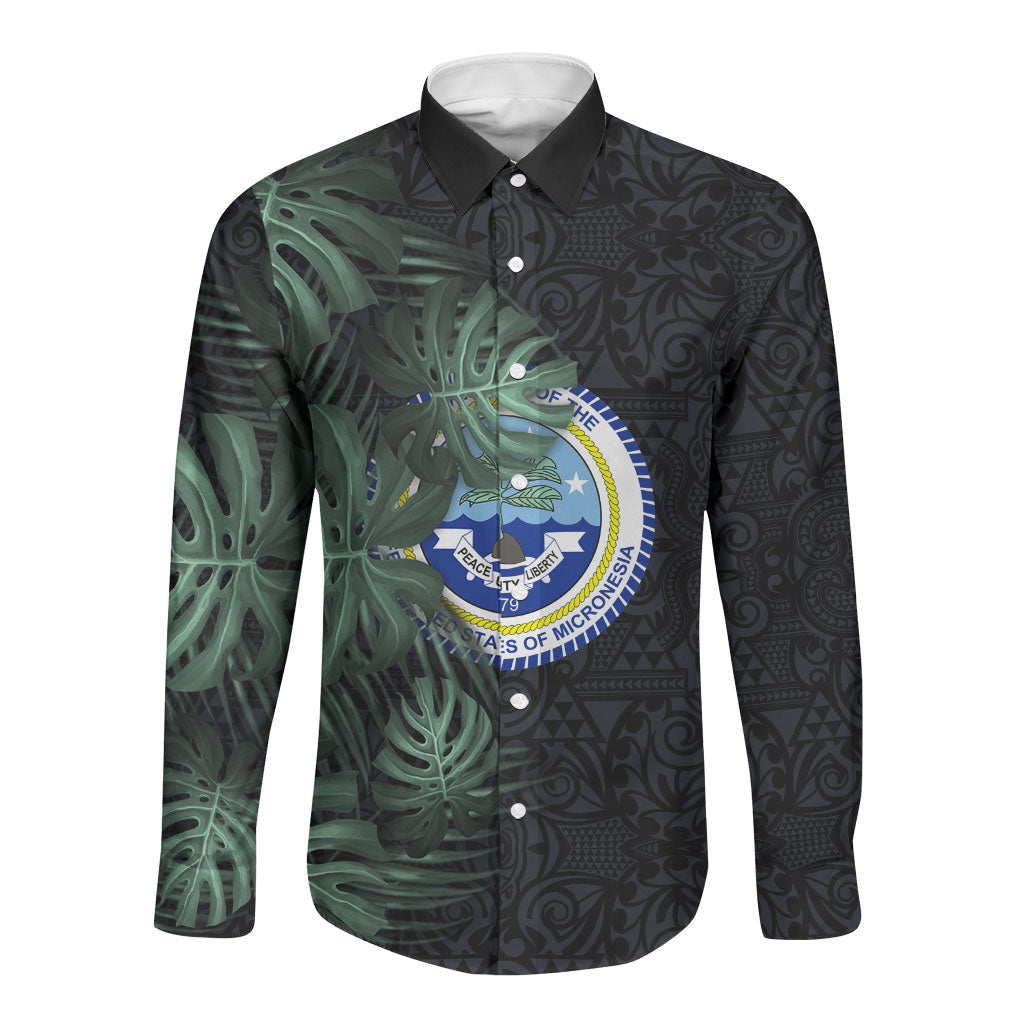 Federated States Of Micronesia Long Sleeve Button Shirt FSM Tropical Monstera Leaf Dark Tribal Pattern TS04 Unisex Black Green - Polynesian Pride