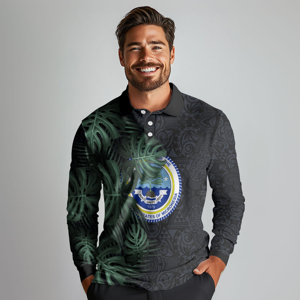 Federated States Of Micronesia Long Sleeve Polo Shirt FSM Tropical Monstera Leaf Dark Tribal Pattern TS04 - Polynesian Pride