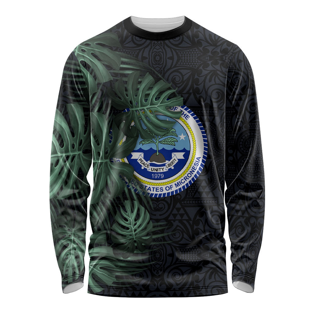 Federated States Of Micronesia Long Sleeve Shirt FSM Tropical Monstera Leaf Dark Tribal Pattern TS04 Unisex Black Green - Polynesian Pride