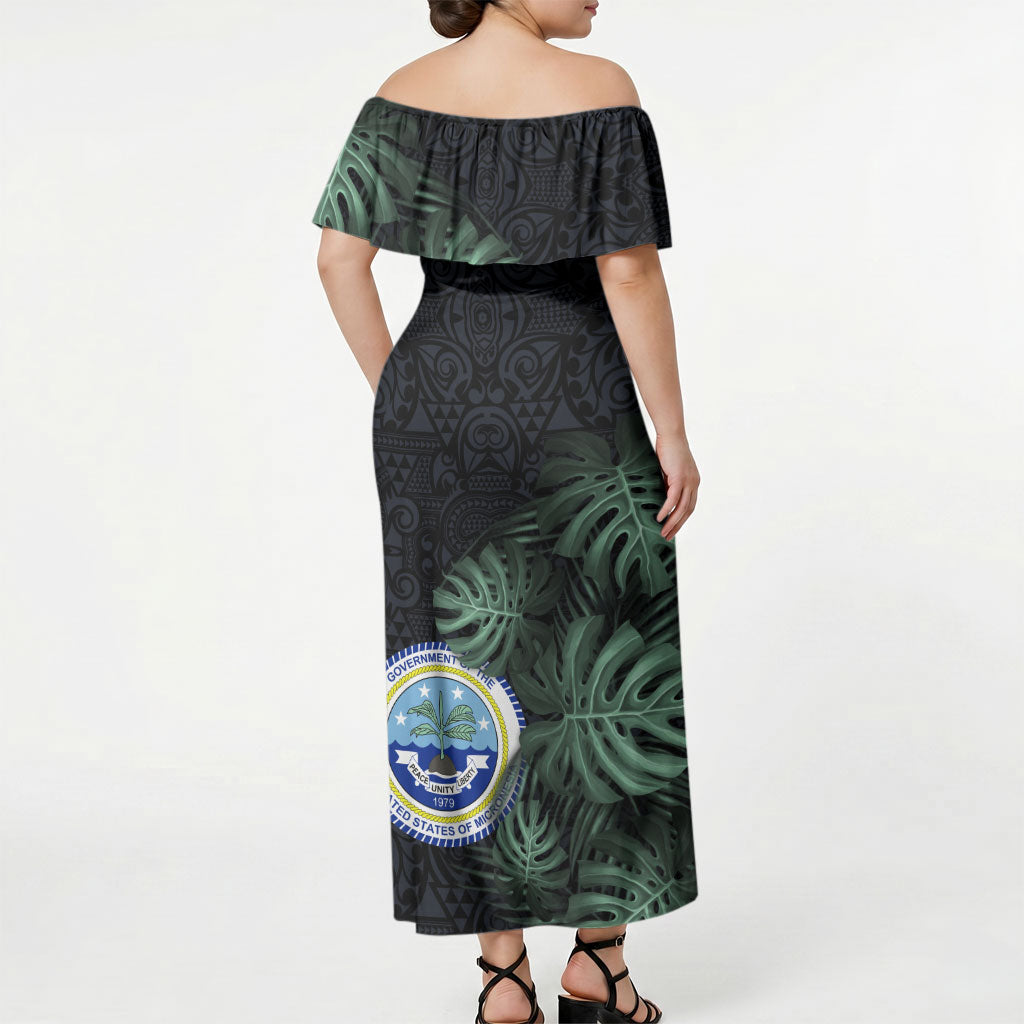 Federated States Of Micronesia Off Shoulder Maxi Dress FSM Tropical Monstera Leaf Dark Tribal Pattern TS04 - Polynesian Pride