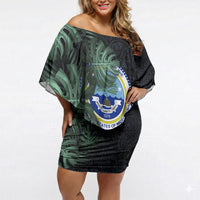 Federated States Of Micronesia Off Shoulder Short Dress FSM Tropical Monstera Leaf Dark Tribal Pattern TS04 Women Black Green - Polynesian Pride