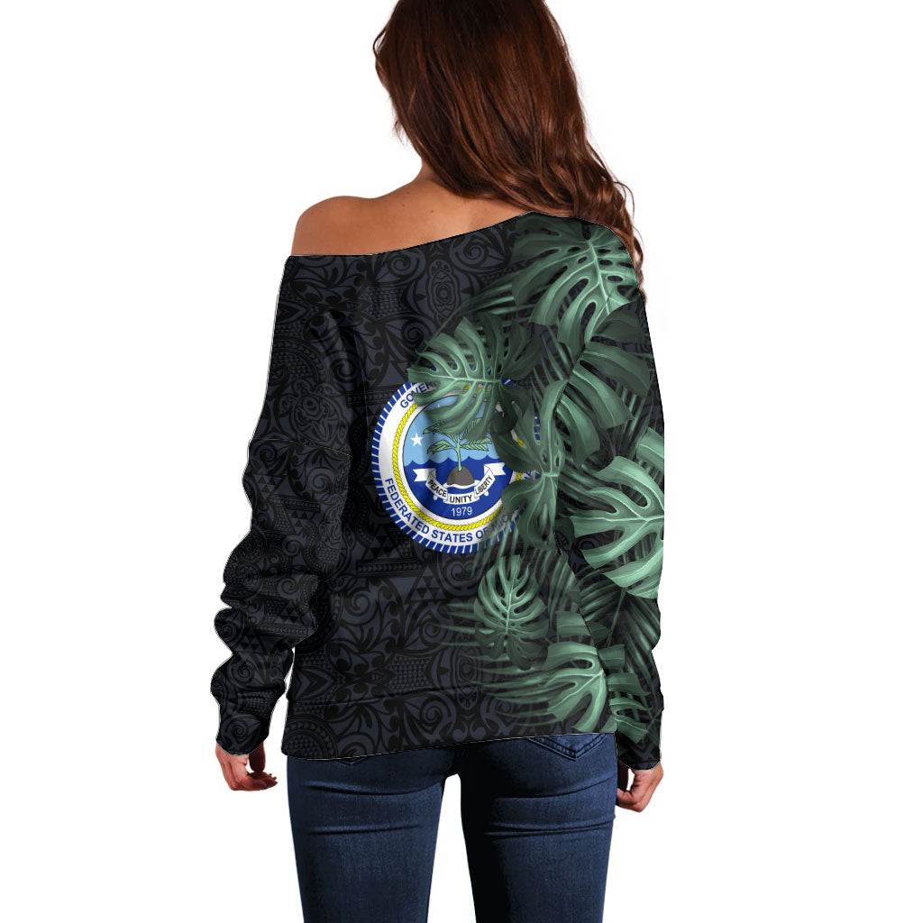 Federated States Of Micronesia Off Shoulder Sweater FSM Tropical Monstera Leaf Dark Tribal Pattern TS04 - Polynesian Pride