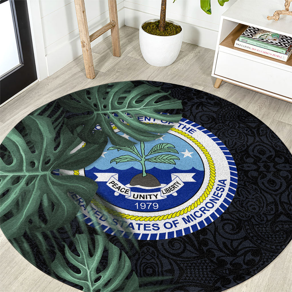 Federated States Of Micronesia Round Carpet FSM Tropical Monstera Leaf Dark Tribal Pattern TS04 Black Green - Polynesian Pride