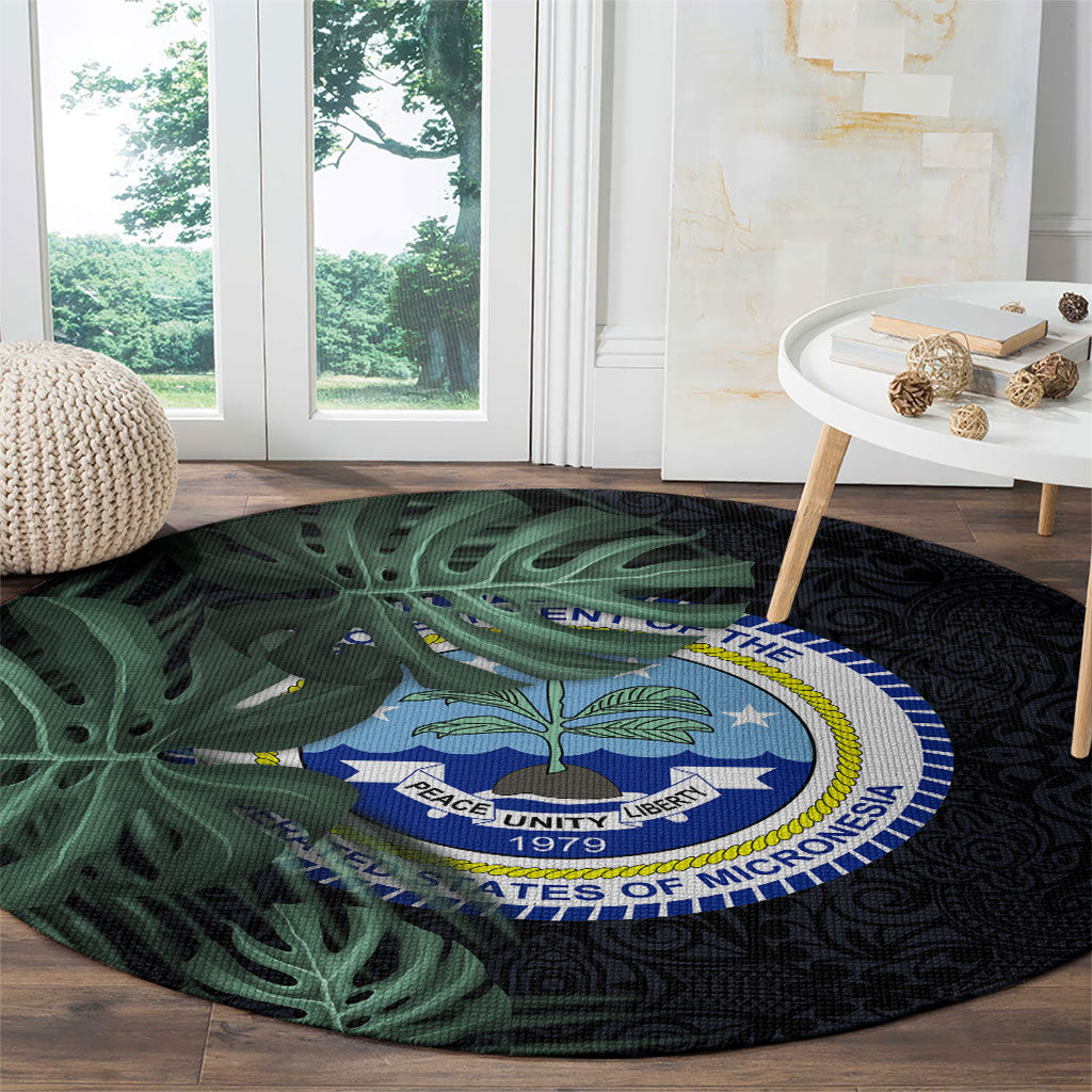 Federated States Of Micronesia Round Carpet FSM Tropical Monstera Leaf Dark Tribal Pattern TS04 - Polynesian Pride