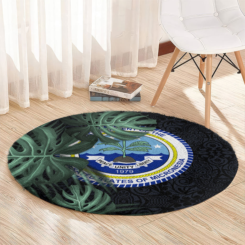Federated States Of Micronesia Round Carpet FSM Tropical Monstera Leaf Dark Tribal Pattern TS04 - Polynesian Pride
