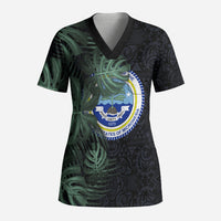 Federated States Of Micronesia Scrub Top FSM Tropical Monstera Leaf Dark Tribal Pattern TS04 Adult Black Green - Polynesian Pride