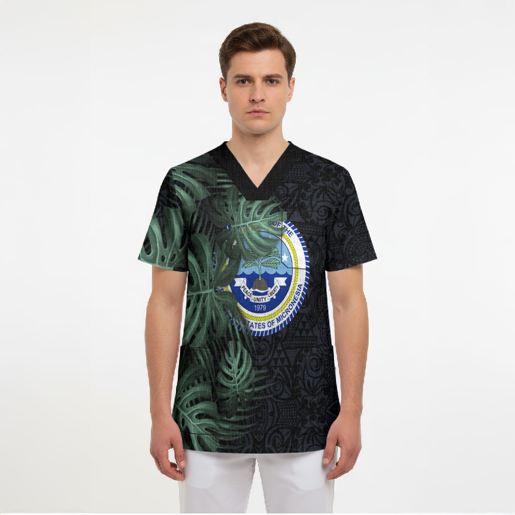 Federated States Of Micronesia Scrub Top FSM Tropical Monstera Leaf Dark Tribal Pattern TS04 - Polynesian Pride