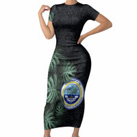 Federated States Of Micronesia Short Sleeve Bodycon Dress FSM Tropical Monstera Leaf Dark Tribal Pattern TS04 Long Dress Black Green - Polynesian Pride