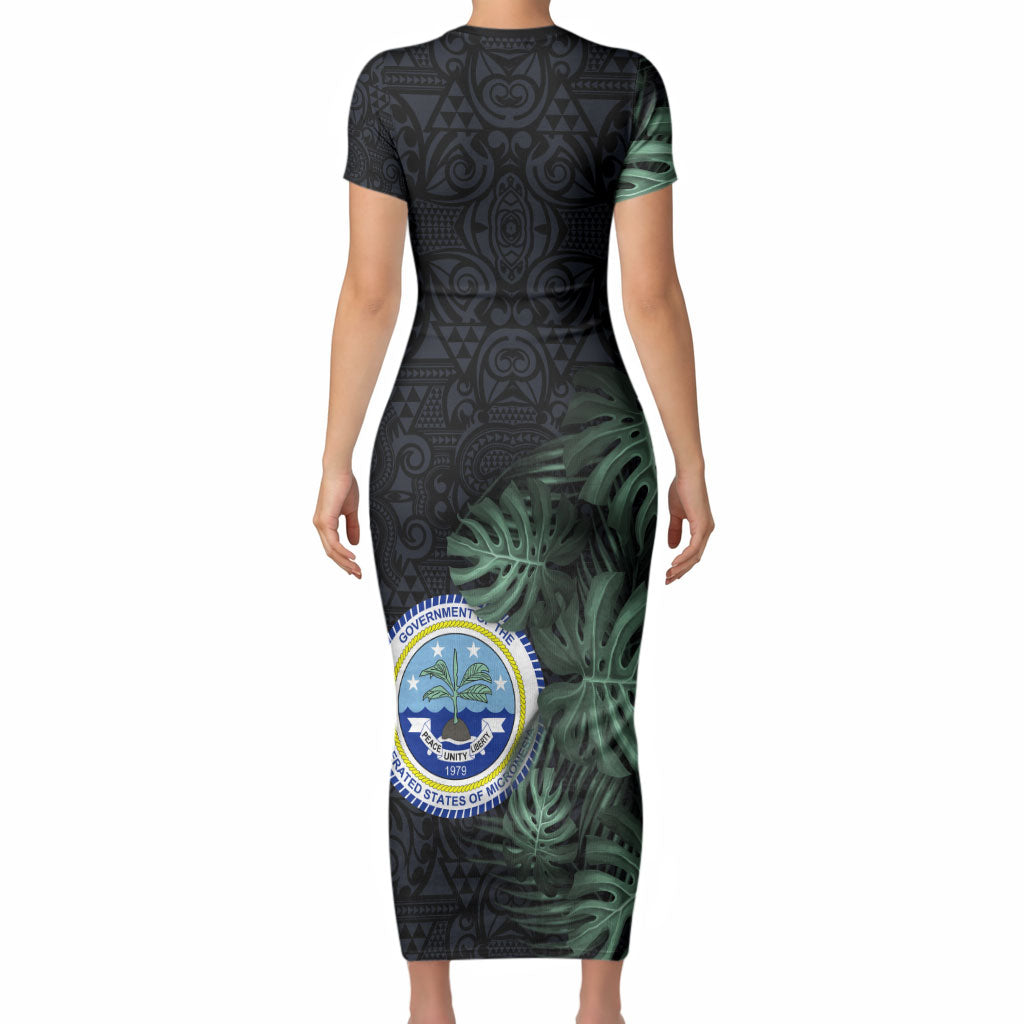 Federated States Of Micronesia Short Sleeve Bodycon Dress FSM Tropical Monstera Leaf Dark Tribal Pattern TS04 - Polynesian Pride