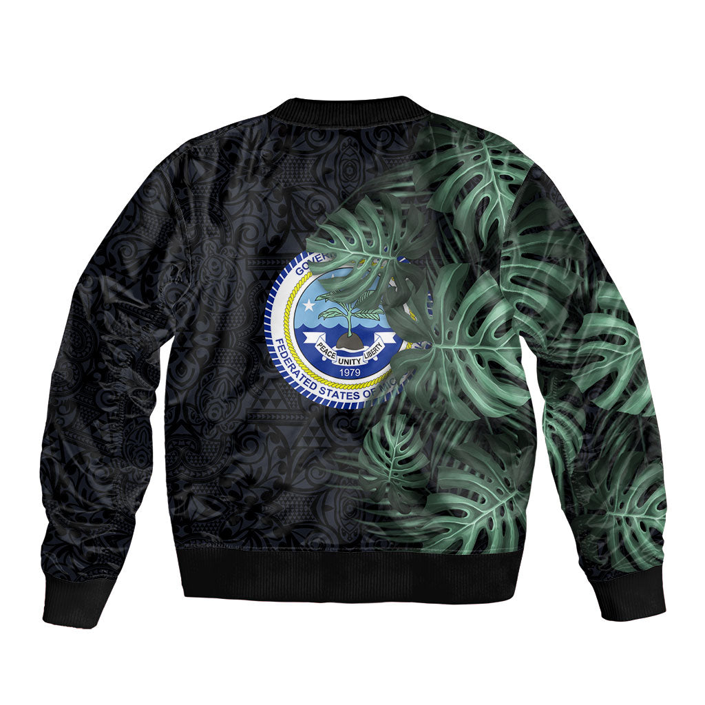 Federated States Of Micronesia Sleeve Zip Bomber Jacket FSM Tropical Monstera Leaf Dark Tribal Pattern TS04 - Polynesian Pride