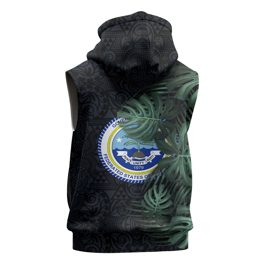 Federated States Of Micronesia Sleeveless Hoodie FSM Tropical Monstera Leaf Dark Tribal Pattern TS04 - Polynesian Pride