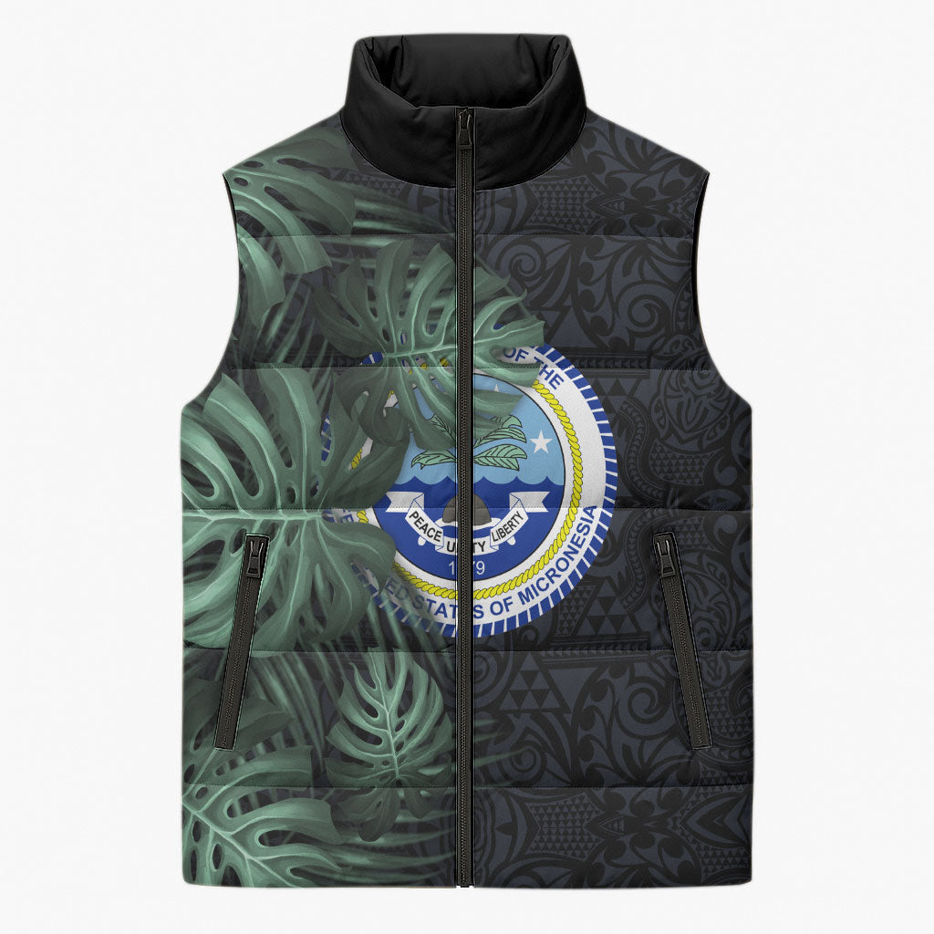 Federated States Of Micronesia Sleeveless Puffer Jacket FSM Tropical Monstera Leaf Dark Tribal Pattern TS04 Unisex Black Green - Polynesian Pride