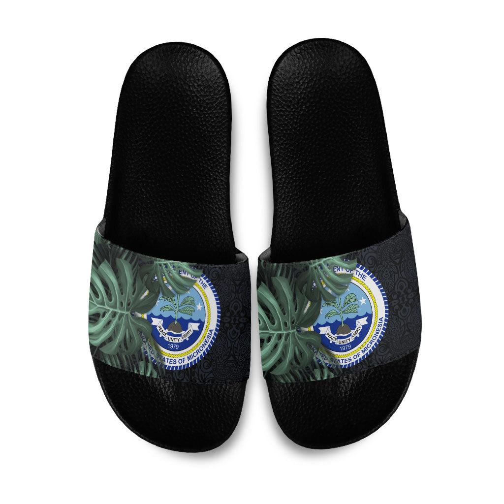 Federated States Of Micronesia Slide Sandals FSM Tropical Monstera Leaf Dark Tribal Pattern TS04 Black Green - Polynesian Pride