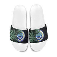 Federated States Of Micronesia Slide Sandals FSM Tropical Monstera Leaf Dark Tribal Pattern TS04 Black Green - Polynesian Pride