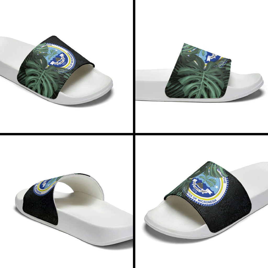 Federated States Of Micronesia Slide Sandals FSM Tropical Monstera Leaf Dark Tribal Pattern TS04 - Polynesian Pride