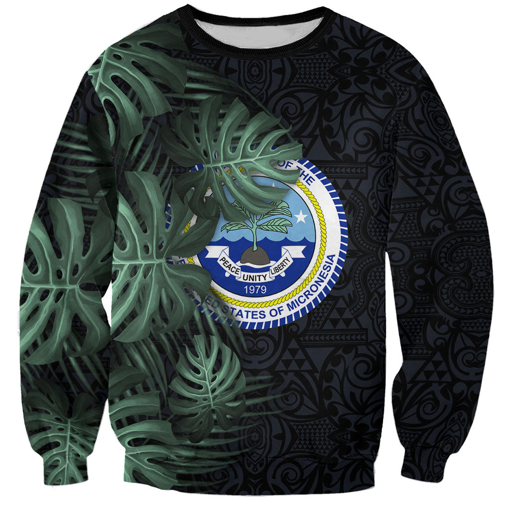 Federated States Of Micronesia Sweatshirt FSM Tropical Monstera Leaf Dark Tribal Pattern TS04 Unisex Black Green - Polynesian Pride