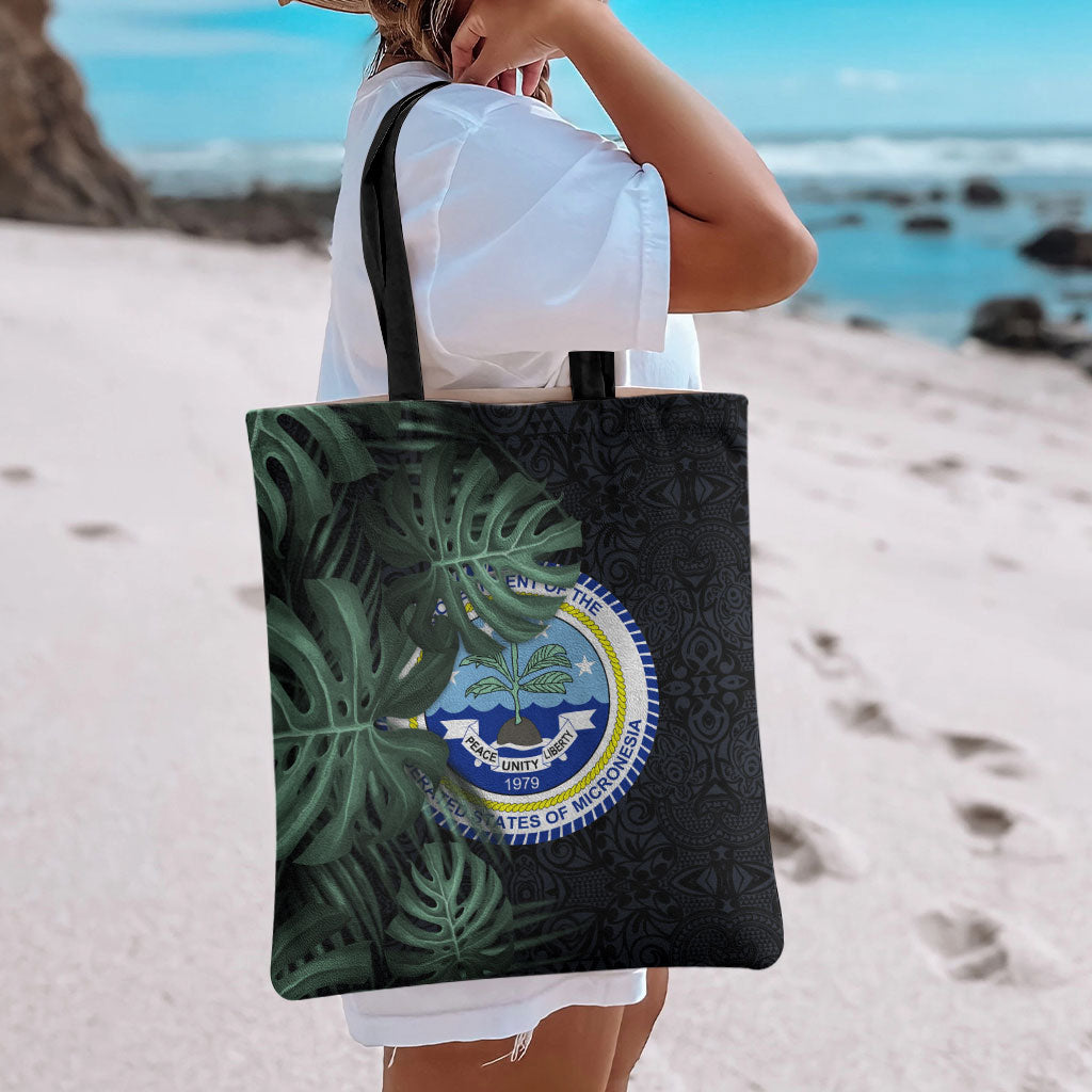 Federated States Of Micronesia Tote Bag FSM Tropical Monstera Leaf Dark Tribal Pattern TS04 - Polynesian Pride