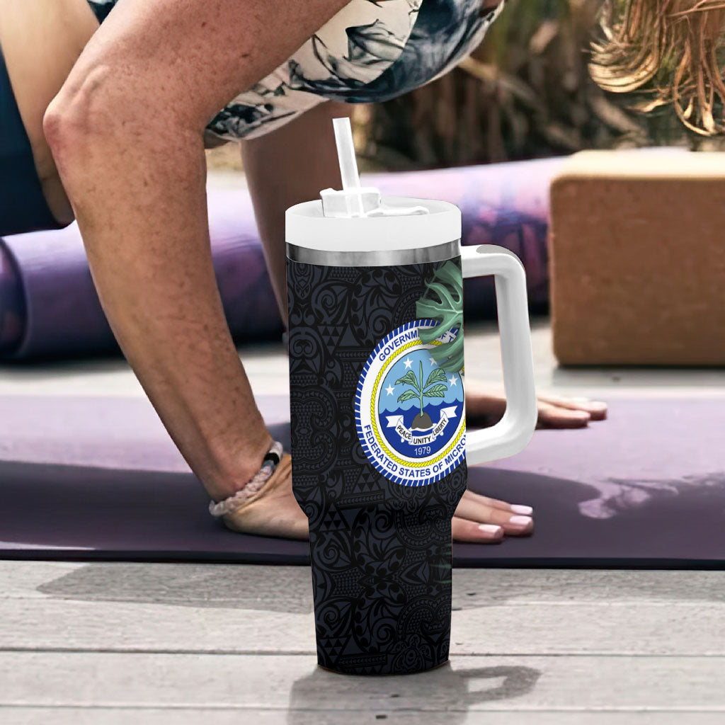 Federated States Of Micronesia Tumbler With Handle FSM Tropical Monstera Leaf Dark Tribal Pattern