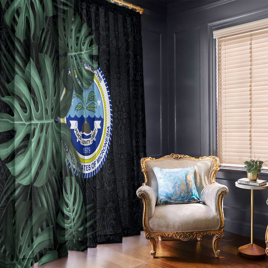Federated States Of Micronesia Window Curtain FSM Tropical Monstera Leaf Dark Tribal Pattern TS04 - Polynesian Pride