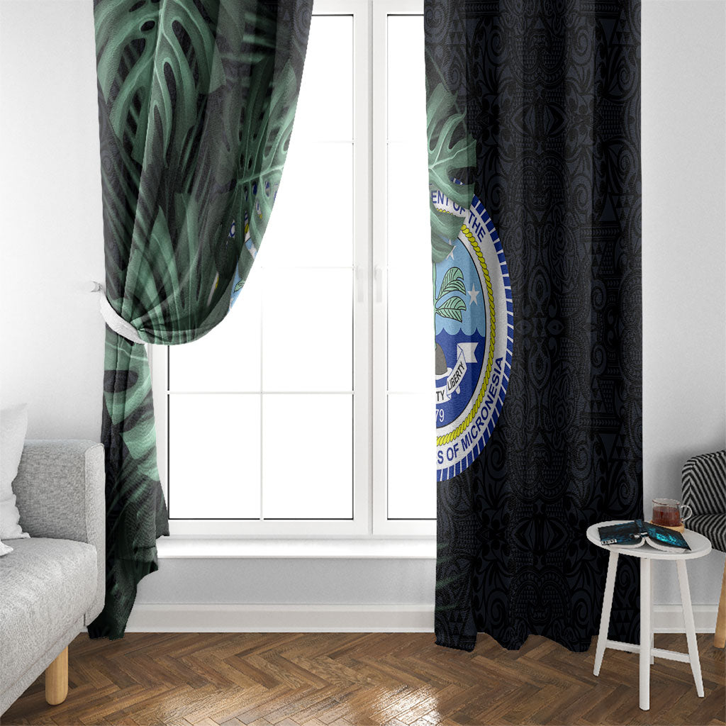 Federated States Of Micronesia Window Curtain FSM Tropical Monstera Leaf Dark Tribal Pattern TS04 - Polynesian Pride