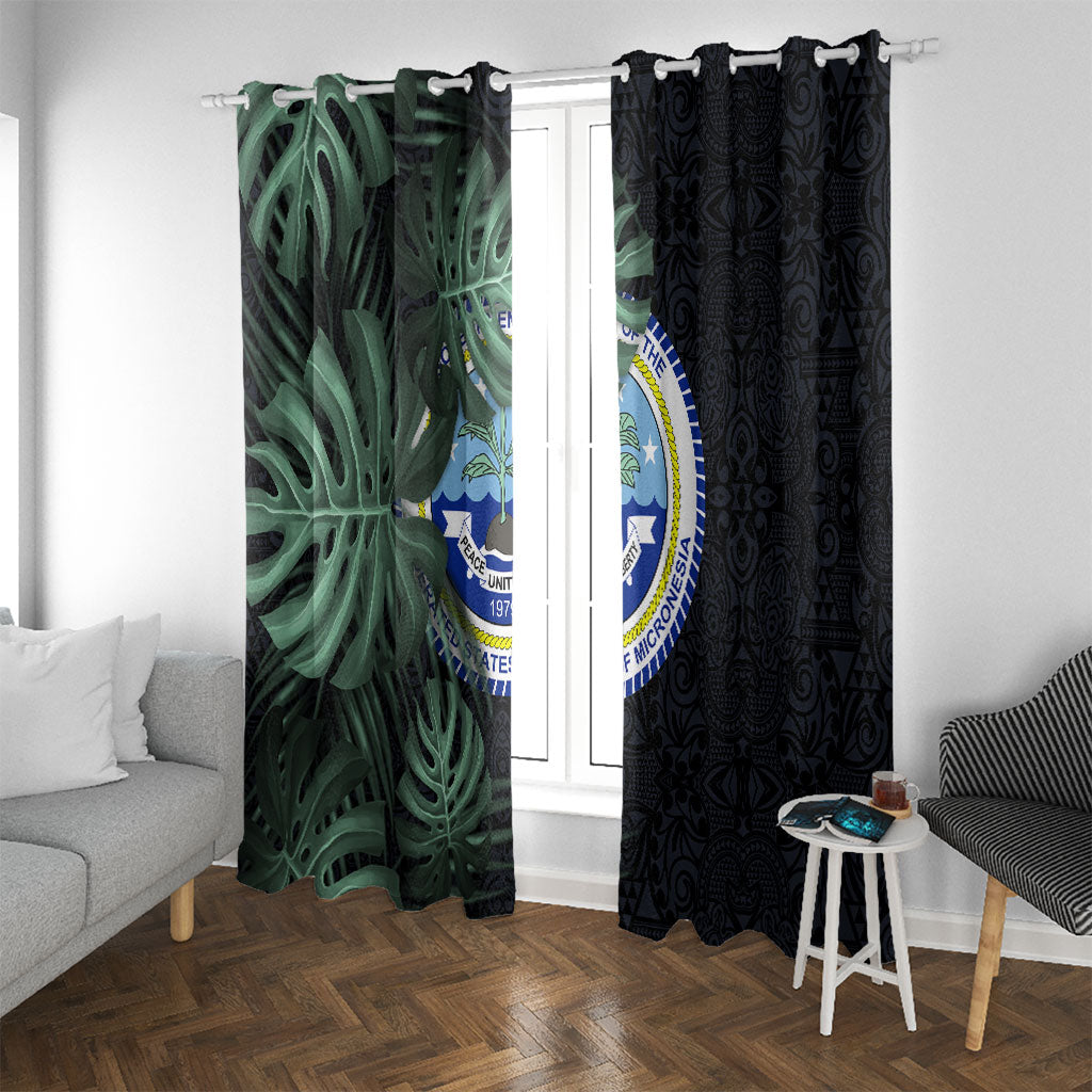 Federated States Of Micronesia Window Curtain FSM Tropical Monstera Leaf Dark Tribal Pattern TS04 With Grommets Black Green - Polynesian Pride