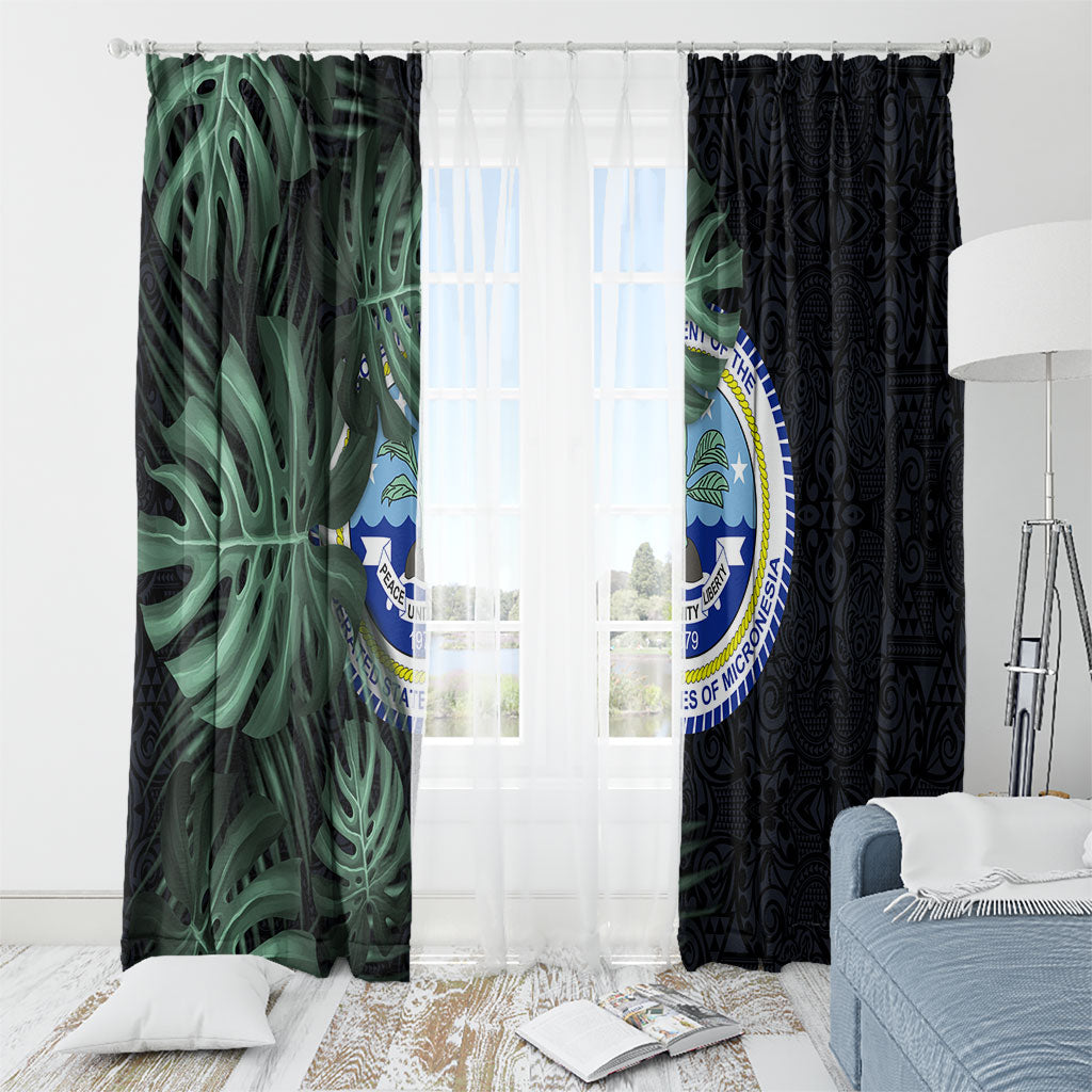 Federated States Of Micronesia Window Curtain FSM Tropical Monstera Leaf Dark Tribal Pattern TS04 - Polynesian Pride
