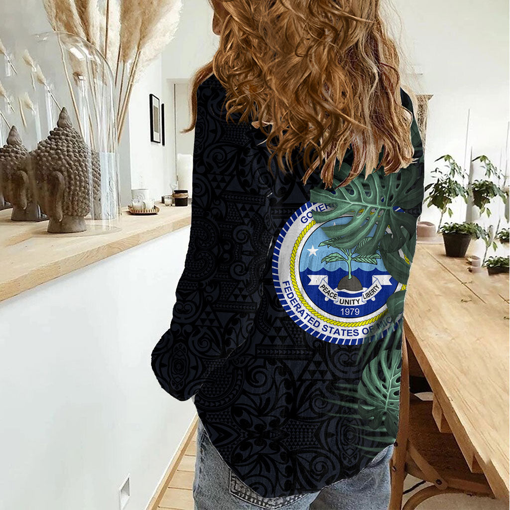 Federated States Of Micronesia Women Casual Shirt FSM Tropical Monstera Leaf Dark Tribal Pattern TS04 - Polynesian Pride