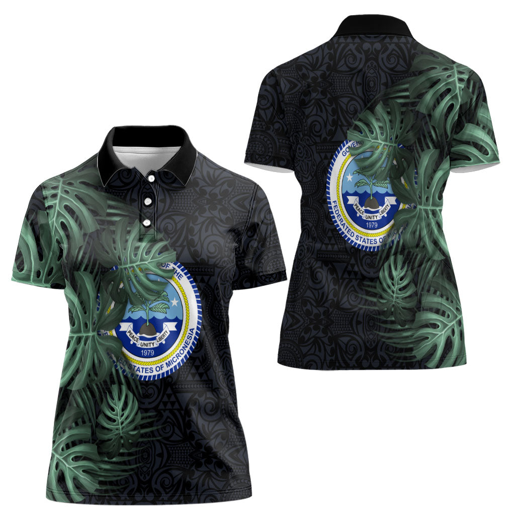 Federated States Of Micronesia Women Polo Shirt FSM Tropical Monstera Leaf Dark Tribal Pattern TS04 - Polynesian Pride