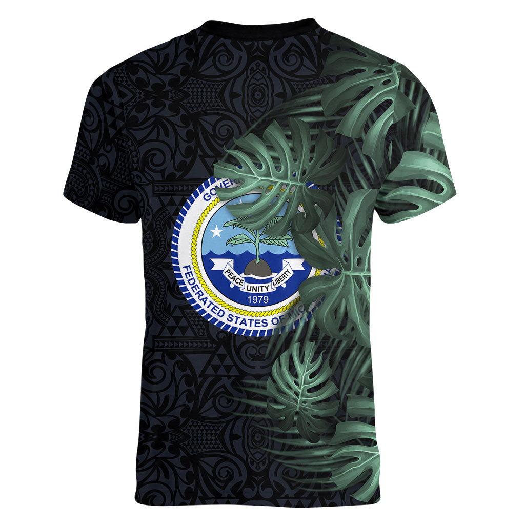 Federated States Of Micronesia Women V-Neck T-Shirt FSM Tropical Monstera Leaf Dark Tribal Pattern TS04 - Polynesian Pride
