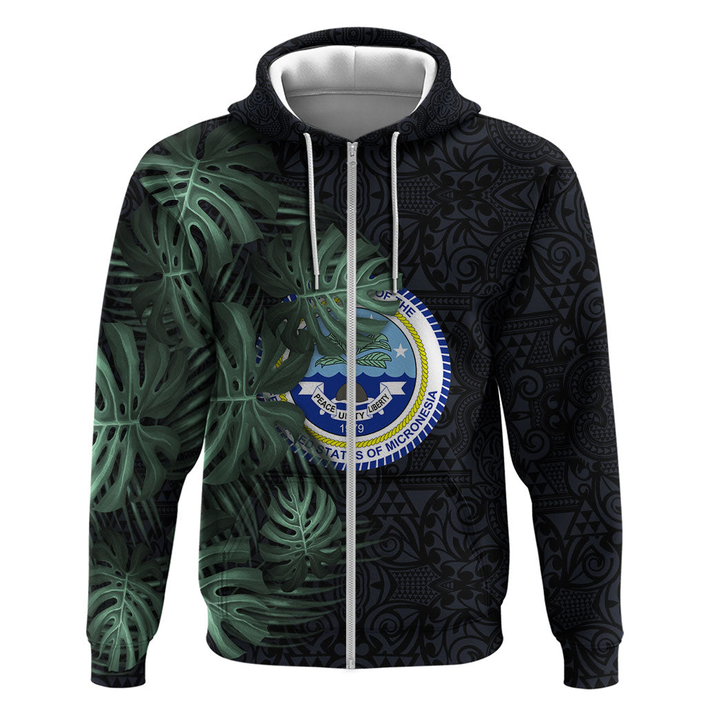 Federated States Of Micronesia Zip Hoodie FSM Tropical Monstera Leaf Dark Tribal Pattern TS04 Zip Hoodie Black Green - Polynesian Pride
