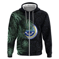 Federated States Of Micronesia Zip Hoodie FSM Tropical Monstera Leaf Dark Tribal Pattern